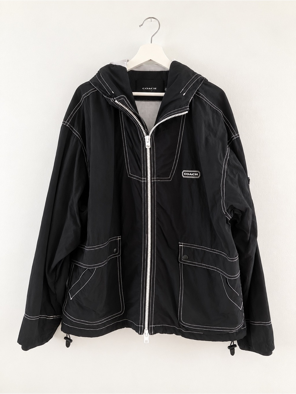 Coach Black Hooded Windbreaker with White Contrast Stitching